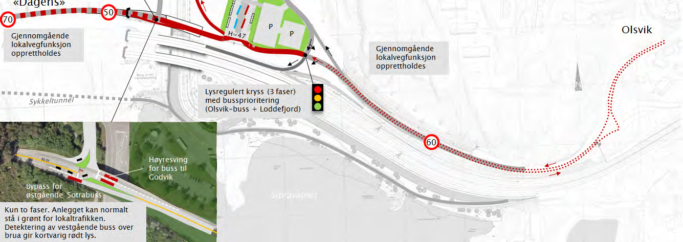 Dette er foreløpig ikke vurdert i detalj, men et mulig prinsipp er vist i figur 6.7. Som for Terminal B, er løsningen da at en beholder dagens vegbru over Askøyvegen til bussbru (se kap. 7.1).