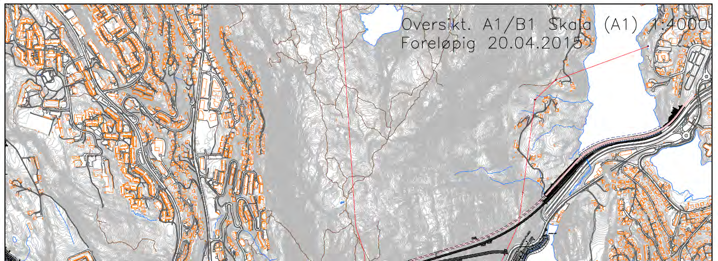 Vedlegg 4 A1/B1/S1 retning Gravdalsvatnet Foreløpige geometritegninger for terminal, busstunnel og sykkeltunnel (Rambøll AS) Oversiktstegning som viser hvilken foreløpig geometri som er tegnet opp.