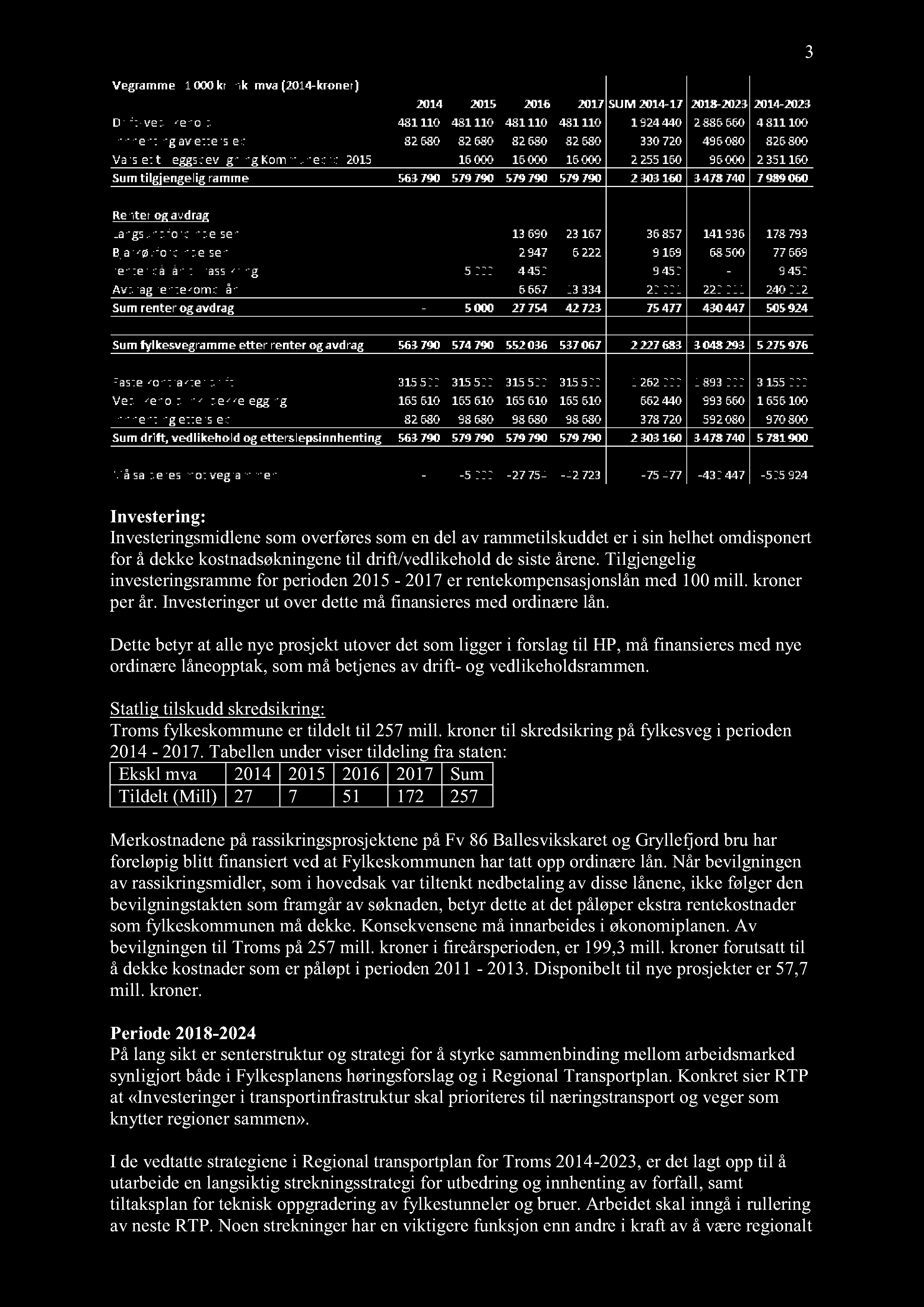 3 Investering: Investeringsmidlenesomoverføressomendel av rammetilskuddeter i sin helhetomdisponert for å dekkekostnadsøkningene til drift/vedlikeholddesisteårene.