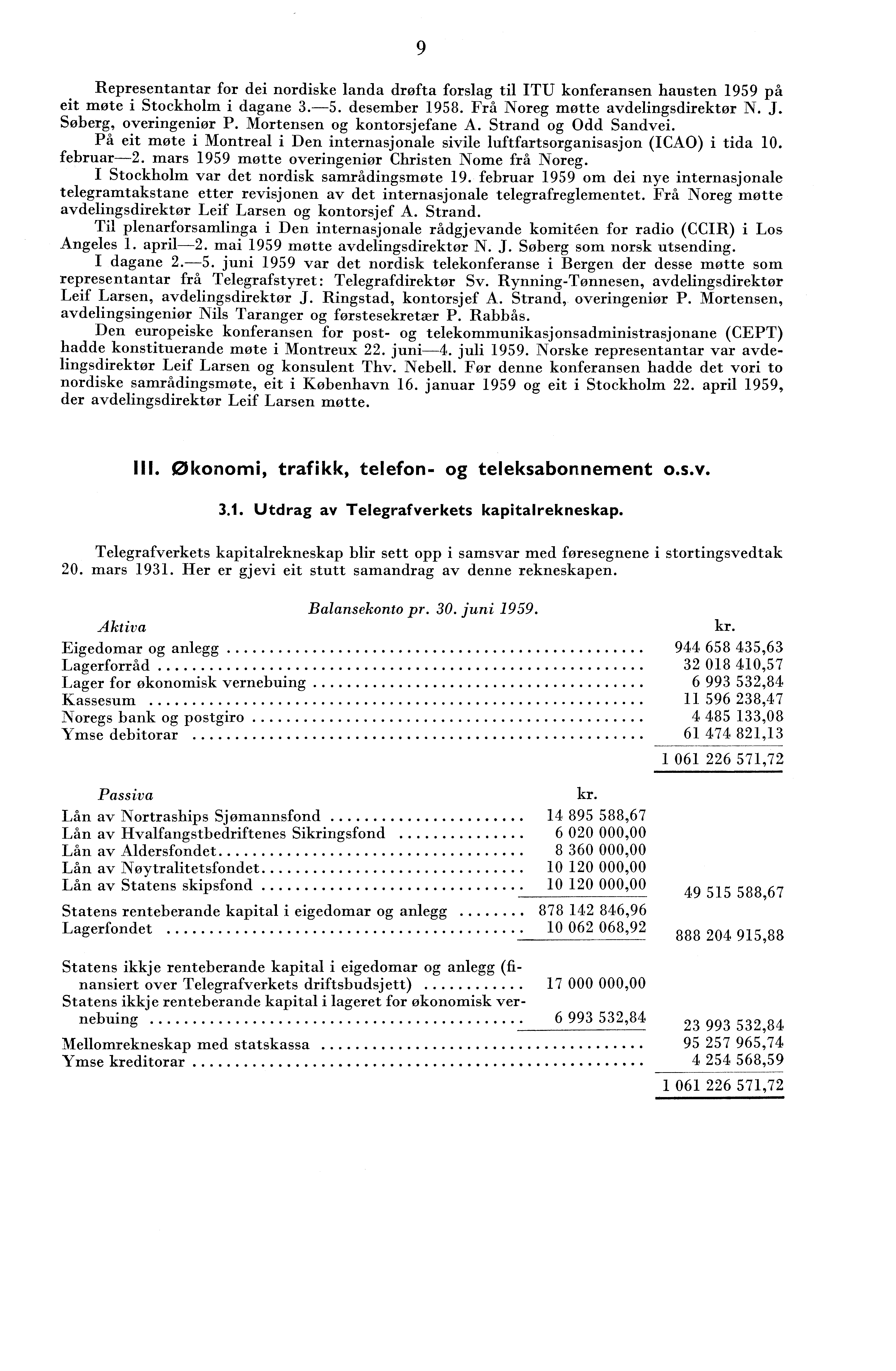 9 Representantar for dei nordiske landa drøfta forslag til ITU konferansen hausten 959 på eit møte i Stockholm i dagane.-5. desember 958. Frå Noreg møtte avdelingsdirektør N. J.