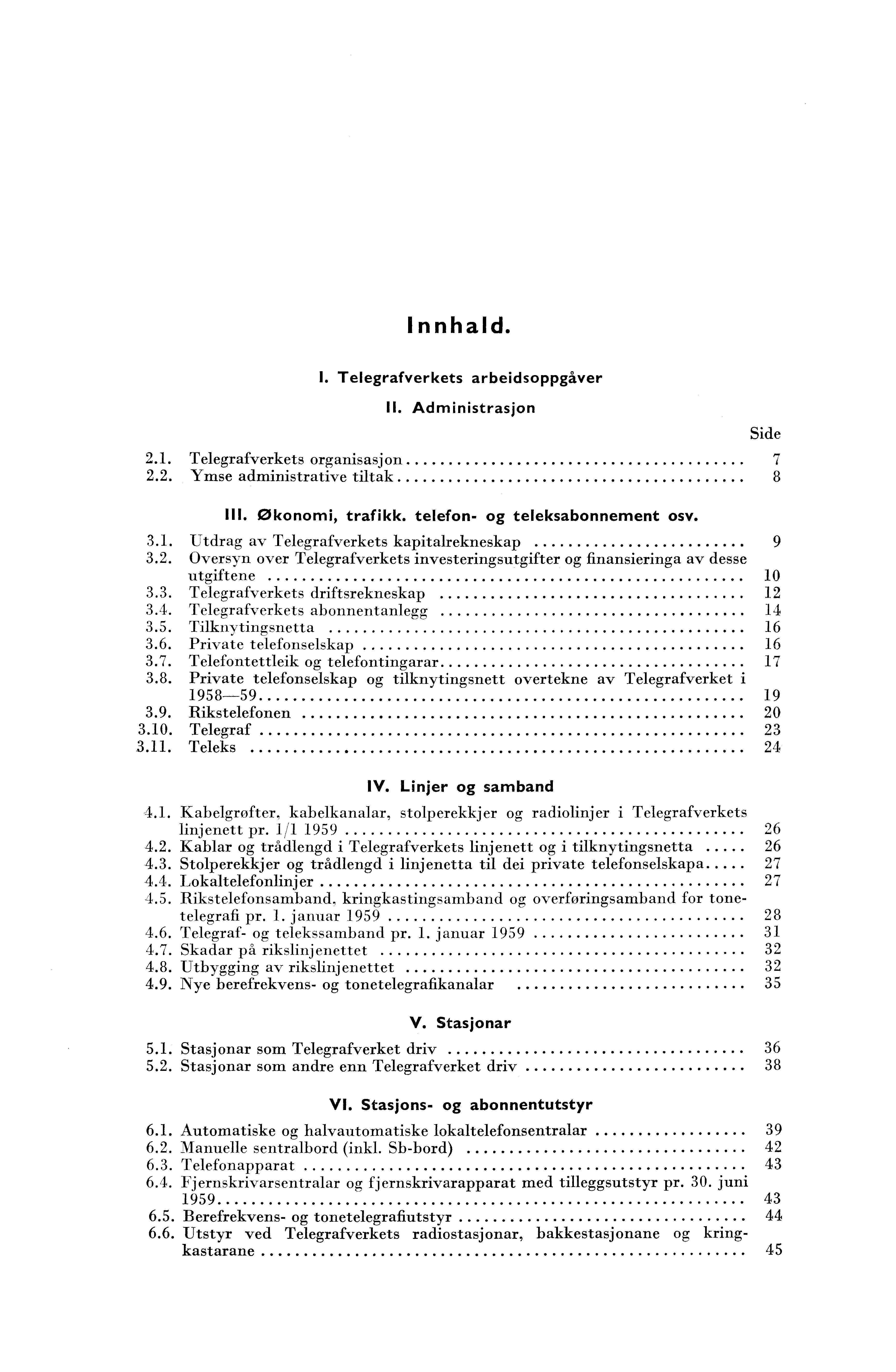 Innhald. I. Telegrafverkets arbeidsoppgåver II. Administrasjon.. Telegrafverkets organisasjon.. Ymse administrative tiltak 8 Side III. Økonomi, trafikk. telefon- og teleksabonnement osv.