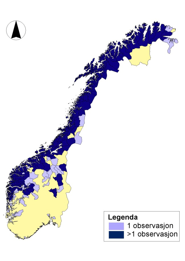 4 Bruk av oterfallvilt og artsobervasjoner for kartlegging av bestandsutbredelse Basert på oterfallviltdatabasen er det mulig å visualisere utbredelsen av oter i Norge.