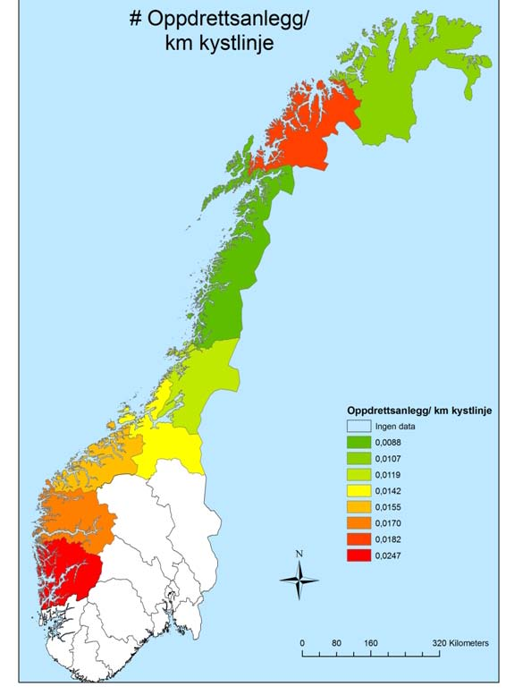 Figur 13a. Antall oppdrettsanlegg/km kystlinje Figur 13b.