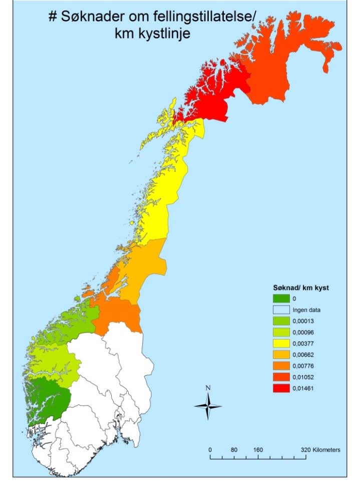 13c. Antall innvilgete søknader/km kystlinje Figur 13d.