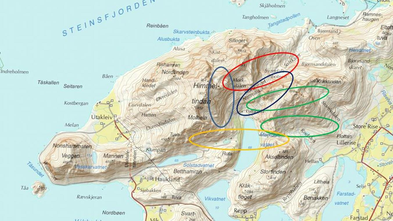 Figur 4. Polygonene viser områdene som ble brukt av jaktende kongeørn når de ble observert i perioden 26.-31.mai under døgnkontinuerlig overvåking.