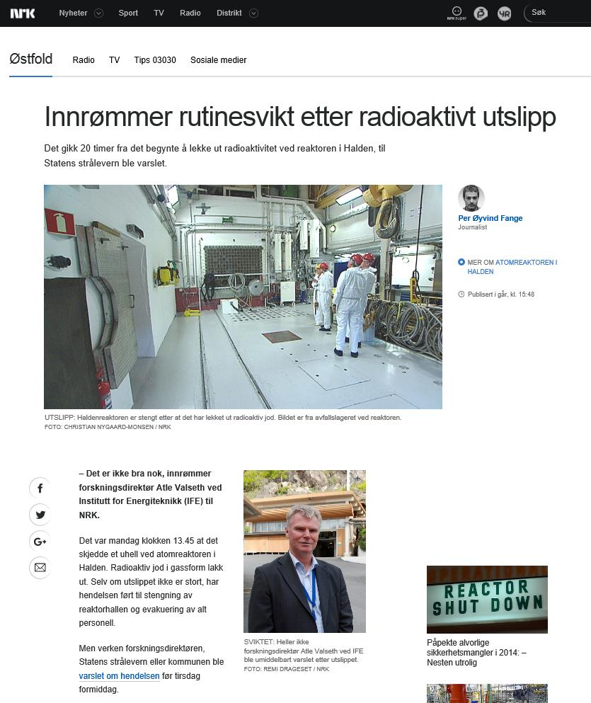 Atomberedskap noko av det vanskelegaste? Nyhendeoppslag på www.nrk.no/ostfold etter utsleppet ved IFE sitt anlegg i Halden 24.10.2016.