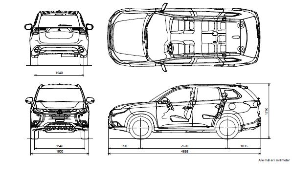 Tekniske spesifikasjoner Modell 4WD Invite / Intense+ / Instyle+ Antall sitteplasser 5 DIMENSJONER OG VEKTER Lengde mm 4695 Bredde mm 1800 Høyde mm 1710 Akselavstand mm 2670 Sporvidde foran mm 1540