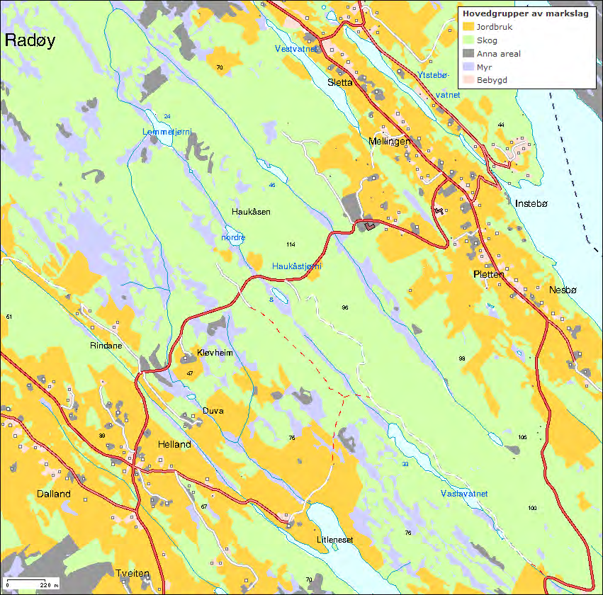 LOKALISERING OG NATURGRUNNLAG Fig. 5. Hovednaturtyper og dominerende markslag i området vest av Sletta. Veikorridoren fra Kjeseth i sør og nord forbi Haukåsen er vist med blå linje.