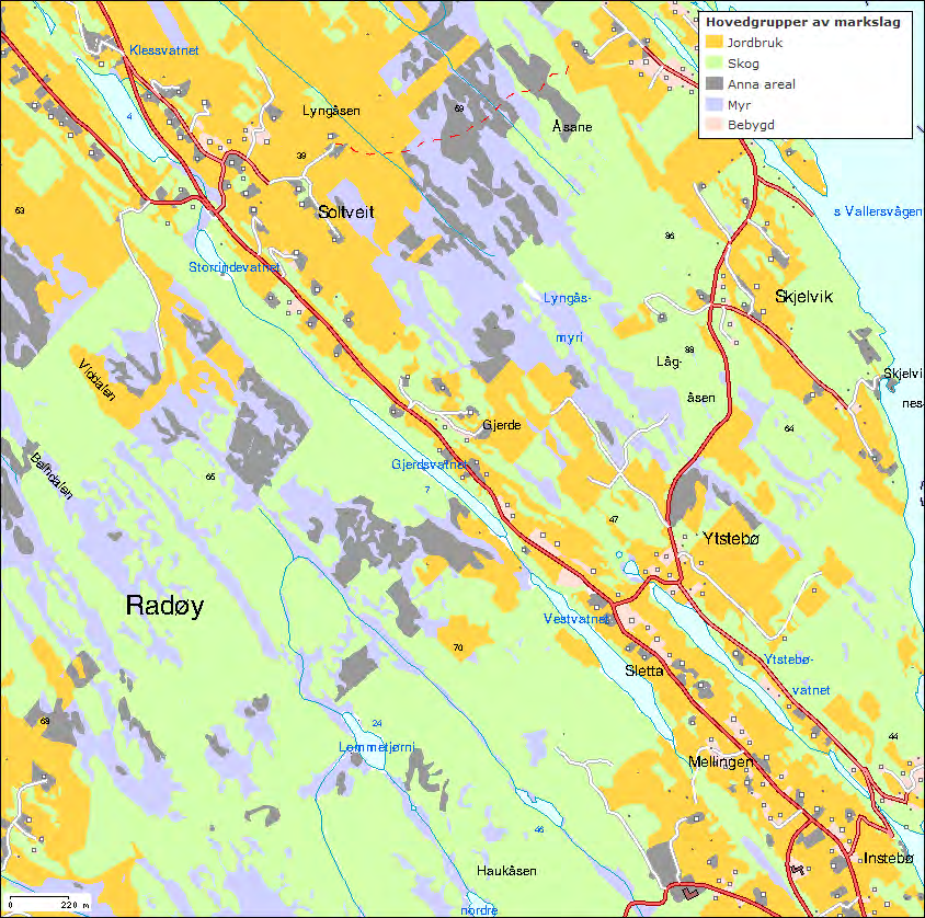 LOKALISERING OG NATURGRUNNLAG Fig. 6. Hovednaturtyper og dominerende markslag i nordre del av prosjektområdet. Veikorridoren er vist med blå linje. Kryssingspunkt vassdrag: rød prikket sirkel.