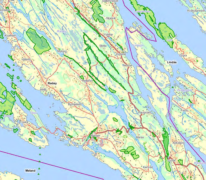 VERDIER OMFANG OG KONSEKVENSER Fig 29. Langs ny trasé for Rv565 ligger en del avgrensede naturtyper som er tidligere er verdisatt som lokalt viktige eller viktige, jfr. Tab. 3.