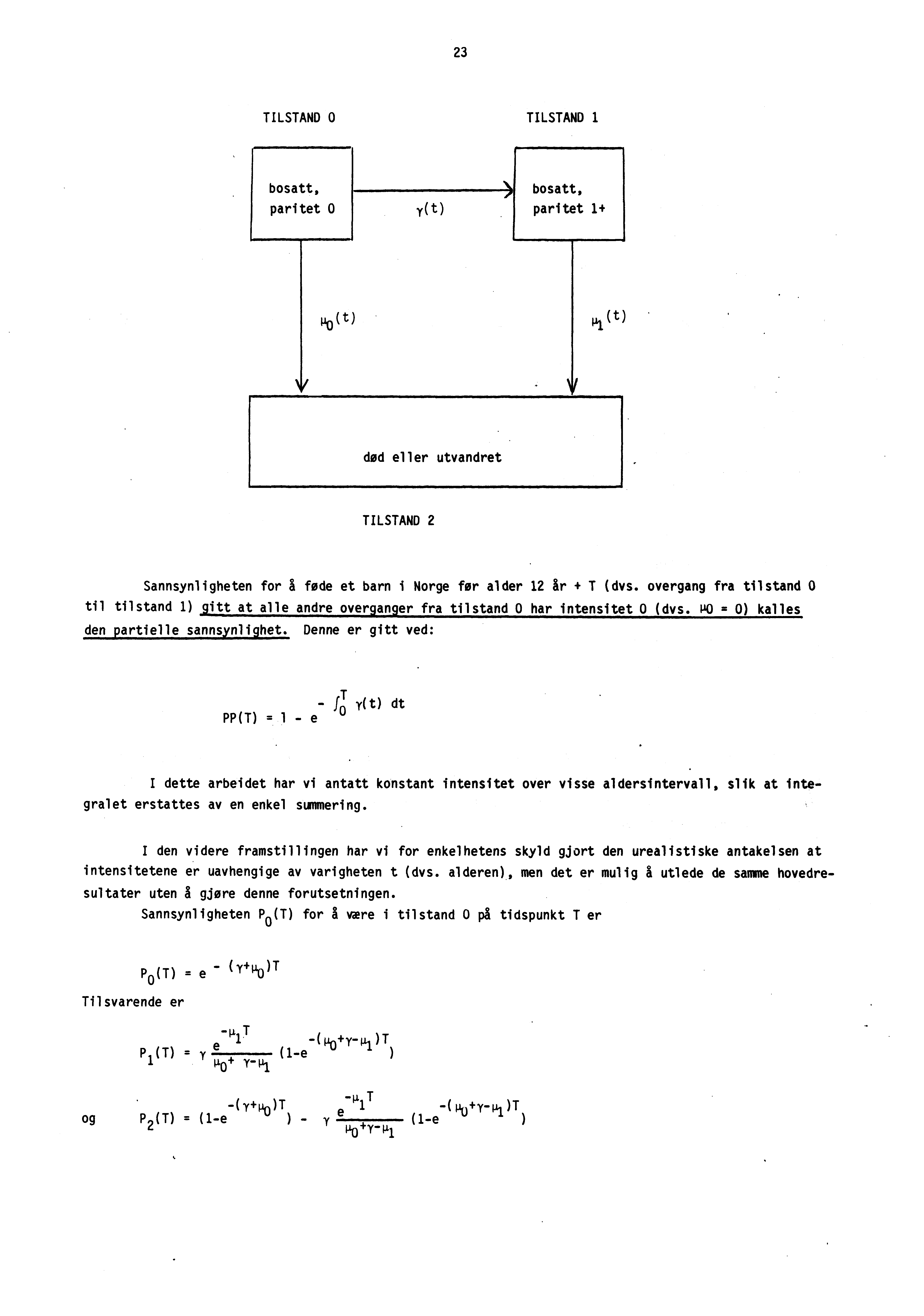 23 TILSTAND 0 TILSTAND 1. bosatt, paritet 0 y(t) ) bosatt, paritet 1+ po (t). dod el ler utvandret '. TILSTAND 2 Sannsynligheten for a fode et barn i Norge for alder 12 Ir + T (dvs.