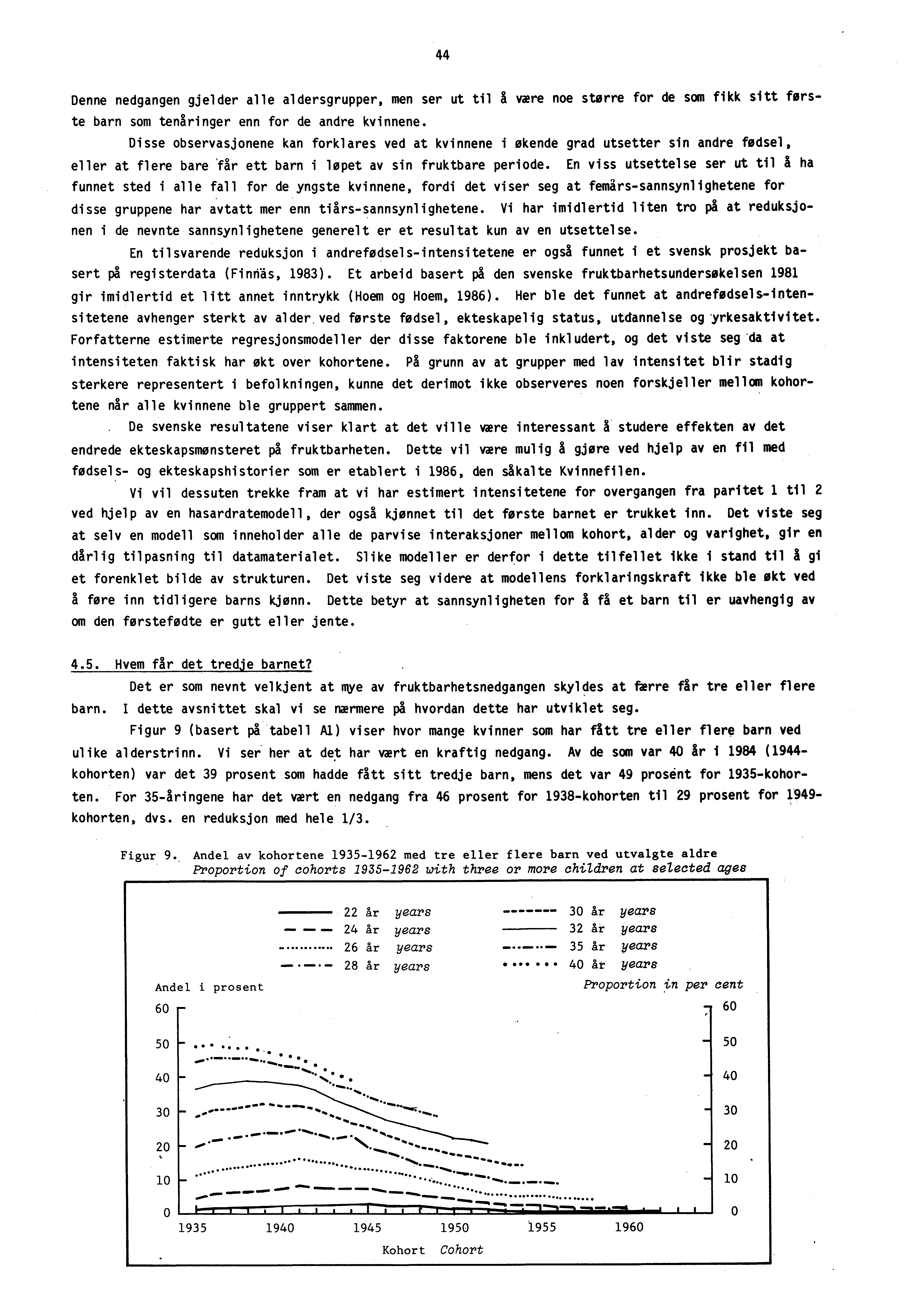 44 Denne nedgangen gjelder alle aldersgrupper, men ser ut til A mere noe storre for de som fikk sitt forste barn som tensringer enn for de andre kvinnene.