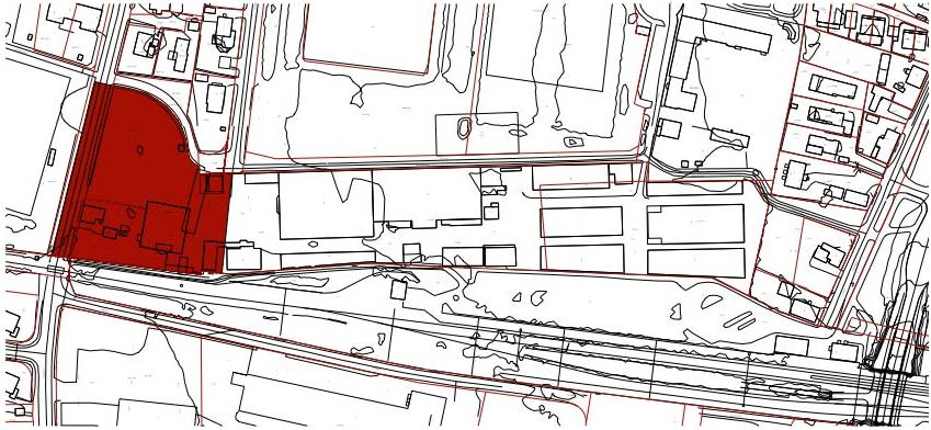 2. Planområdet, eksisterende forhold: 2.1. Beliggenhet og størrelse. Oversiktskart eksisterende situasjon. Området omfatter vestre del av Lie Høvleri-tomta, på Gulskogen i Drammen kommune.