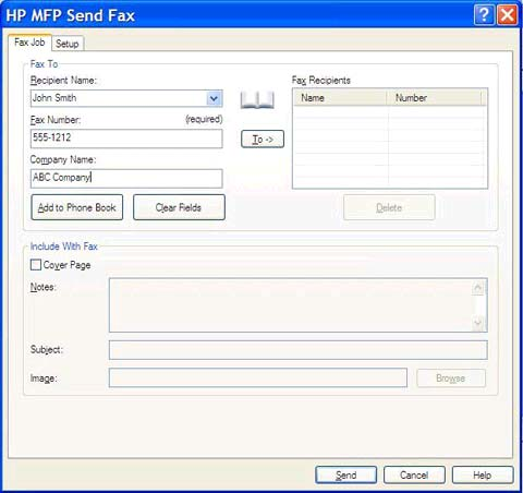 5. Under Fax To (Faks til) i dialogboksen HP MFP Send Fax skriver du inn navn på mottakeren, faksnummer og firmanavn.