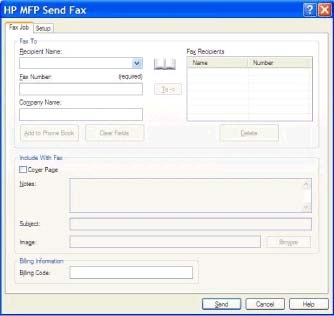 9. Hvis faktureringskodefunksjonen er aktivert, kan du skrive inn faktureringskoden under Billing Information (Faktureringskodeinformasjon) i dialogboksen HP MFP Send Fax.