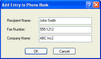 Dette åpner dialogboksen Add Entry to Phone Book (Legg til oppføring i telefonbok). Skriv inn mottakerens navn, faksnummer og firmanavn og klikk på OK. 3.