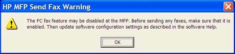 Advarsler Følgende advarsler kan komme til å vises når du bruker HP MFP Send Fax-driveren.