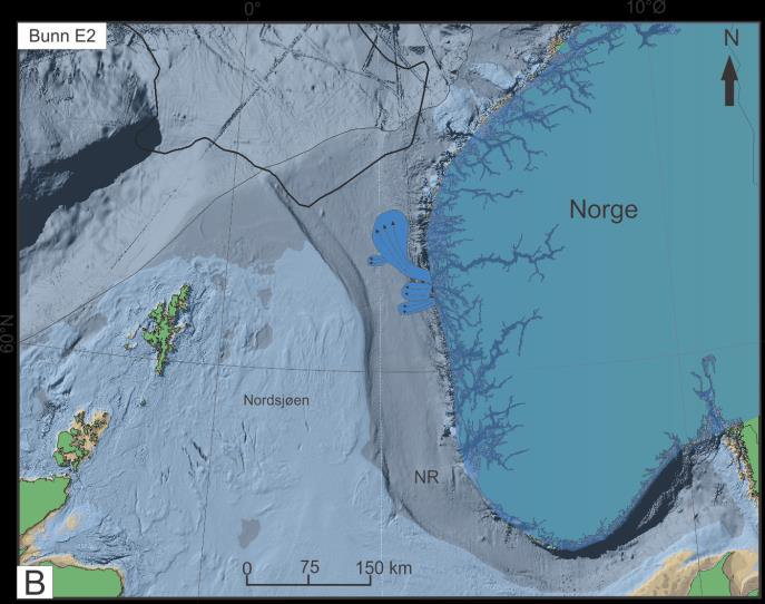 Kapittel 5 Diskusjon Fig.5.11: Regional glasiasjonshistorie (kart fra ArcMap 10.1). Hypotetiske utbredelser av isdekkene er markert med blått. Israndlokaliteter er delvis hentet fra Svendsen et al.