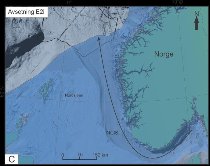 Isdekkets utbredelse for 0,5 millioner år siden med fjordbreer strømmende ut i Norskerenna. Avsetning av bunn E2. C. Avsetning av underenhet E2i, med en mulig aktivering av en isstrøm i Norskerenna.