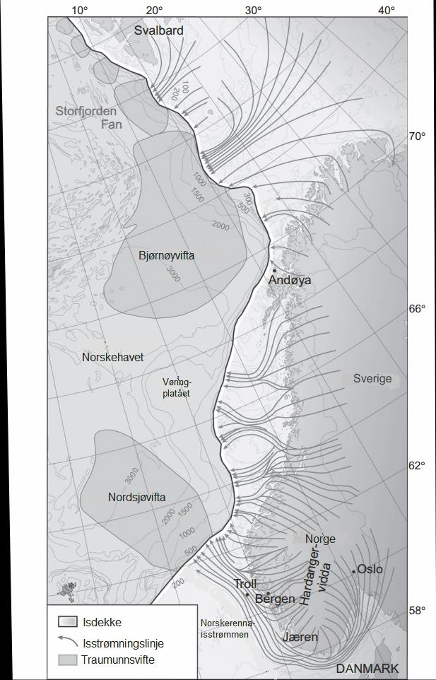 Kapittel 2 Bakgrunn 2.5 ISSTRØMMER Paterson (1994) definerte en isstrøm som en del av et grunnstående isdekke hvor isen strømmer mye hurtigere enn i tilstøtende områder (Fig.2.10).