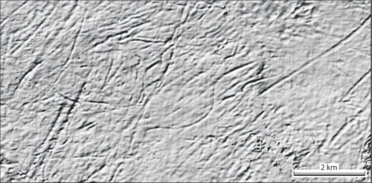 Kapittel 2 Bakgrunn Fig. 2.17: Pløyemerker på en begravd overflate på Trænabanken (66 N, 9 E) 350 m under dagens havbunn (hentet fra Ottesen et al., 2009).