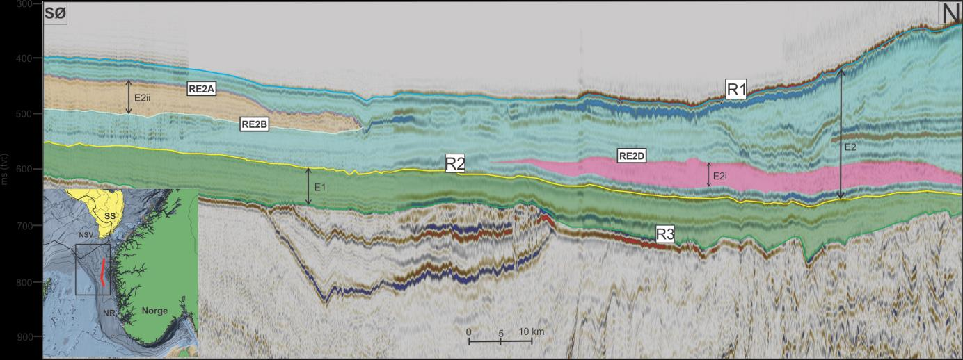 Kapittel 4 Resultater 4.2 Seismostratigrafiske enheter Den studerte seksjonen av 3D-blokken (Fig. 4.10a og b) er inndelt i til sammen 4 seismostratigrafiske enheter, hvorav to er hovedenheter (E1-E2) og to er underenheter (E2i- E2ii) (Fig.