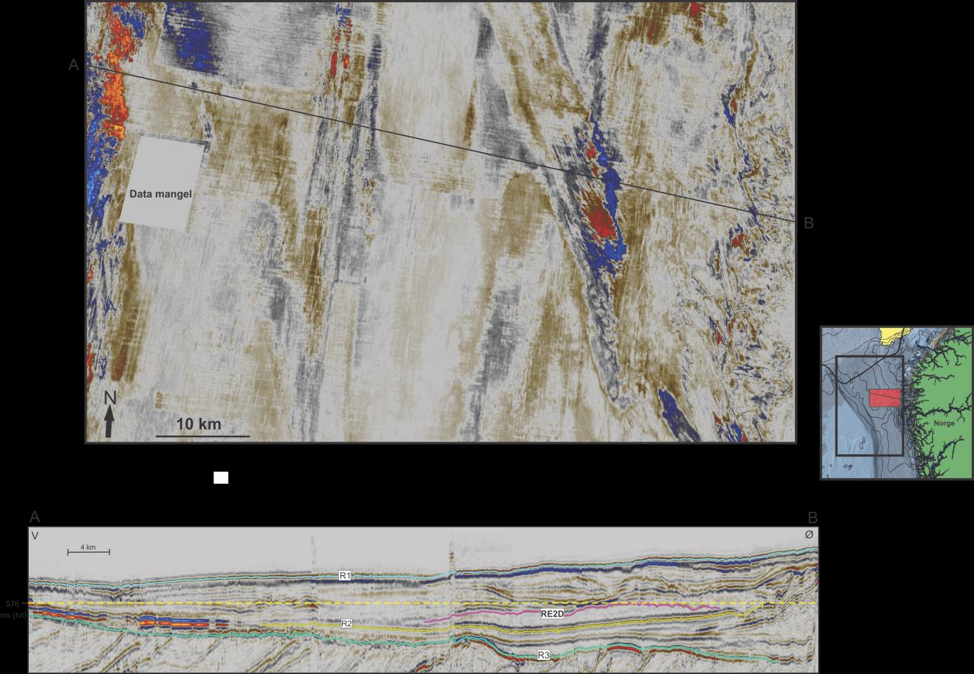 Kapittel 4 Resultater 576 ms Midtre del av enhet E2 Tidsflaten ved 576 ms (Fig. 4.12d) under havoverflaten har områder med varierende seismisk karakter.