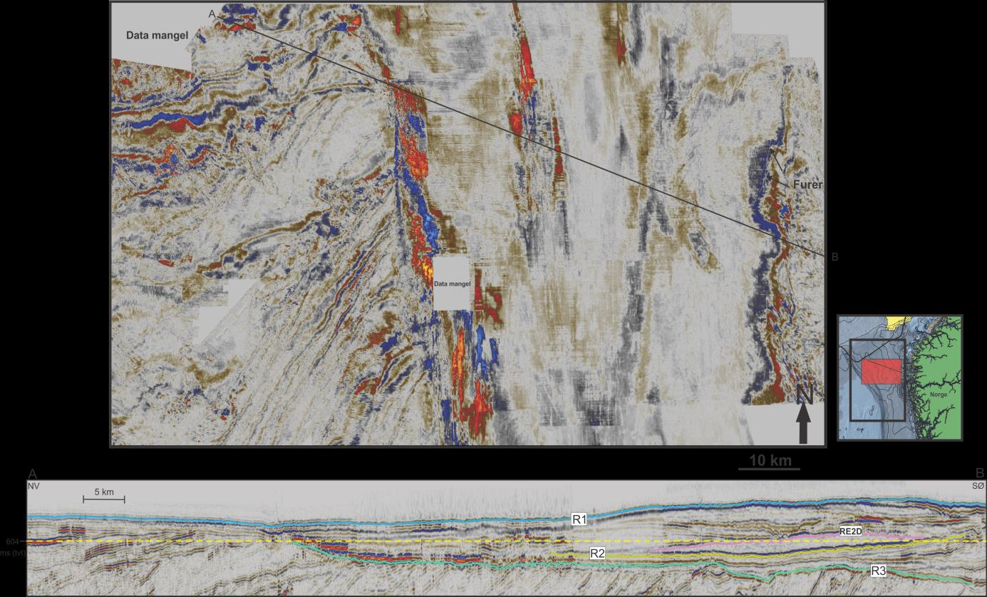 Kapittel 4 Resultater 604 ms Nedre del av enhet E2 + underenhet E2i Tidsflaten ved 604 ms dyp (Fig. 4.12e) viser et område sentralt på flaten med høyamplitude parallell facies som deler flaten i to.