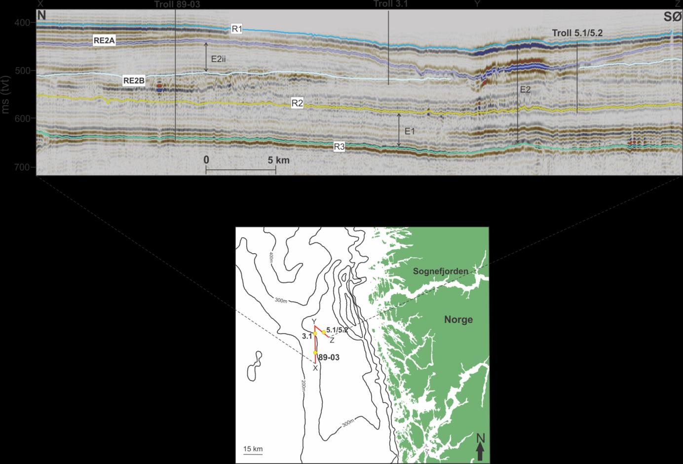 Kapittel 4 Resultater 4.4 Kjernekorrelering De tidligere analyserte boringene og kjernene, og som er nevnt i kapittel 3, er korrelert mot seismikken (Fig. 4.21).