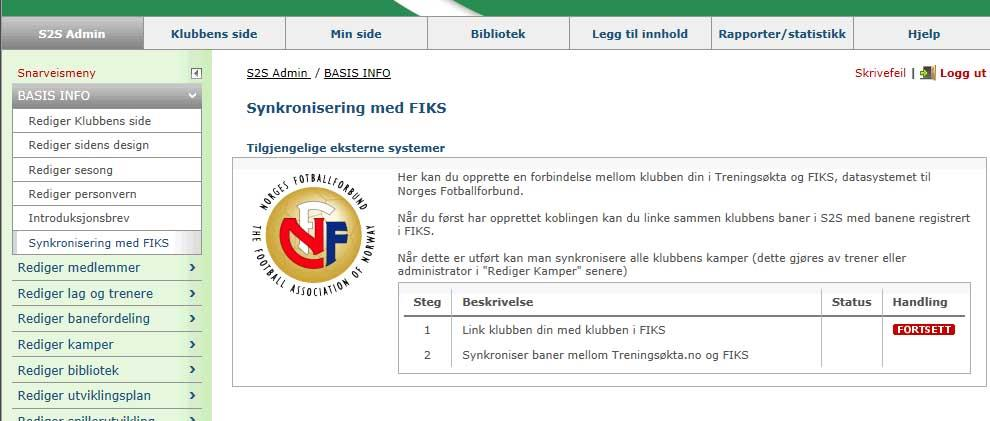 Koble klubben mot klubb registrert i FIKS Klikk på S2S Admin -> Synkronisering -> knytt