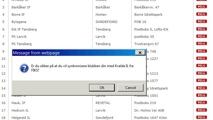 Systemet ber deg bekrefte at den valgte klubben er riktig.