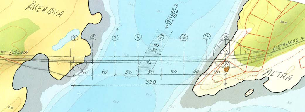 Ei betongkassebru med spennvidder på 50m og totallengde 330m synes å være velegnet til oppgaven. Fundamenteringen antas å være på stålrørspeler uti sundet, og direkte på berg i vannkanten og på land.