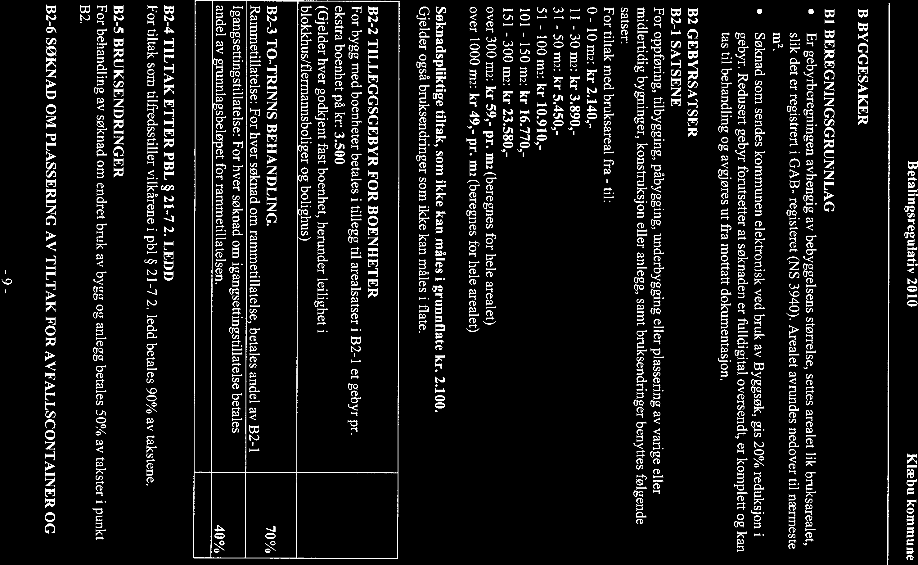Betalingsregulativ 2010 Klæbu kommune B BYGGESAKER Bi BEREGNINGSGRUNNLAG Er gebyrberegningen avhengig av bebyggelsens størrelse, settes arealet lik bruksarealet, slik det er registrert i GAB-