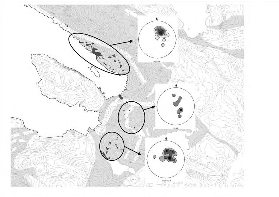 i jordskorpa. Figur 8. Stereografiske plott av poler til skiferkløv, konturdiagrammer.