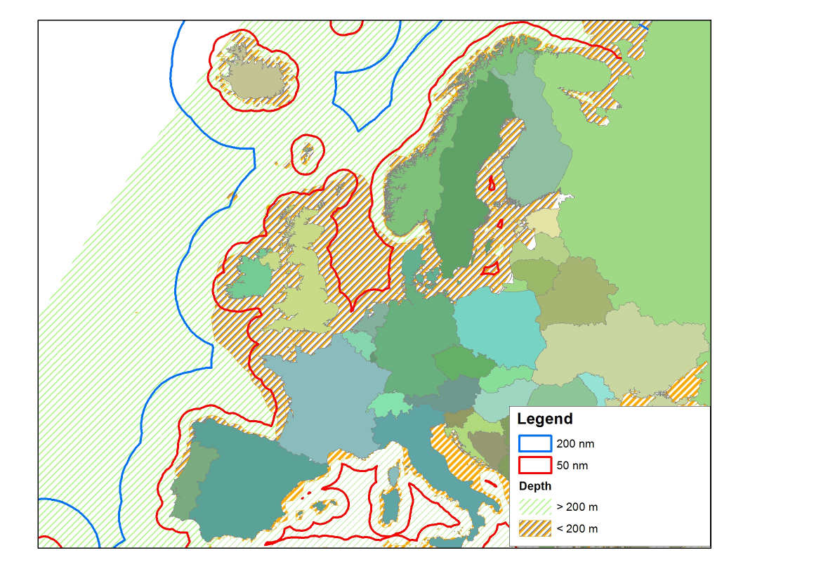 Figur 5-1 Områder med dyp større enn 200 m (grønn skravert) og med avstand til land større enn henholdsvis 200 nm og 50 nm. Det biogeografiske systemet til Briggs og Ekman (ref.