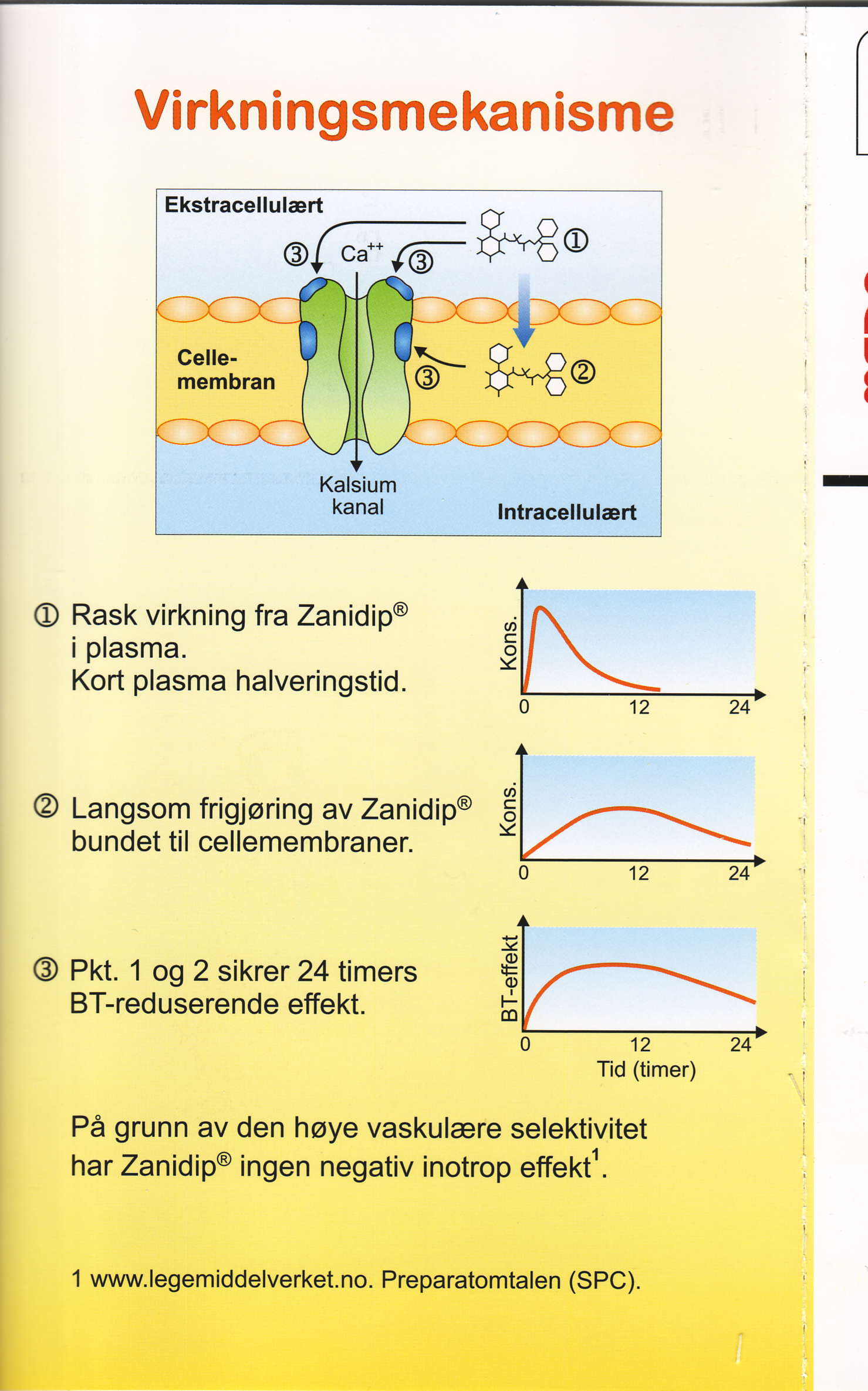 Virkningsmekanisme Ekstracellulart @Gffio 6- S*8@ O Rask virkning fra Zanidip@ i plasma. Kort plasma halveringstid. @ Langsom frigjoring av Zanidip@ l bundettil cellemembraner. -G t ";la q\ o12r?