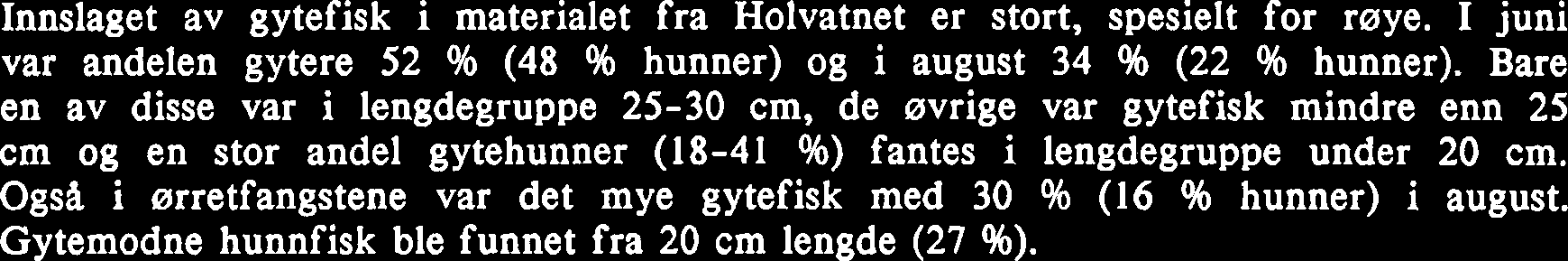 Andelen av gytemoden fisk i materialet fra Holvatn og Rødsjøvatn er vist i tabell 4 og vedlegg 2. Innslaget av gytefisk i materialet fra Holvatnet er stort, spesielt for røye.