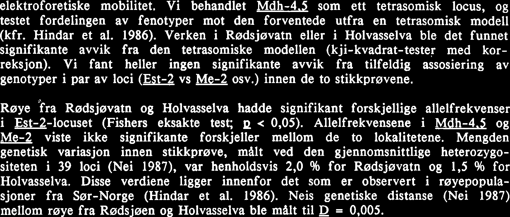 Variasjonen i Me-2 er tidligere ikke beskrevet. Tabell 9. Allelfrekvenser i tre variable loci hos røye fra Rødsjøvatn og Holvasselva Est-2 Mdh-4.