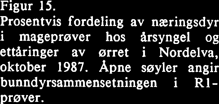ØRRET O+ N= 15 ØRRET l+ N = 12 BUNNDYR Figur 15. Prosentvis fordeling av næringsdyr i mageprøver hos Arsyngel og ettilringer av ørret i Nordelva, oktober 1987.