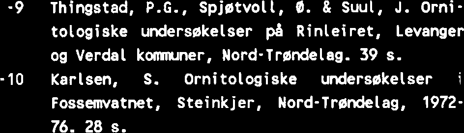 -9 Thingstad, P.G., Spjstvoll, B. & Suul, J. Ornitologiske undersrkelser pa Rinleiret, Levanger og Verdal komer, Nord-Trsndelag. 39 s. -10 Karlsen, S.