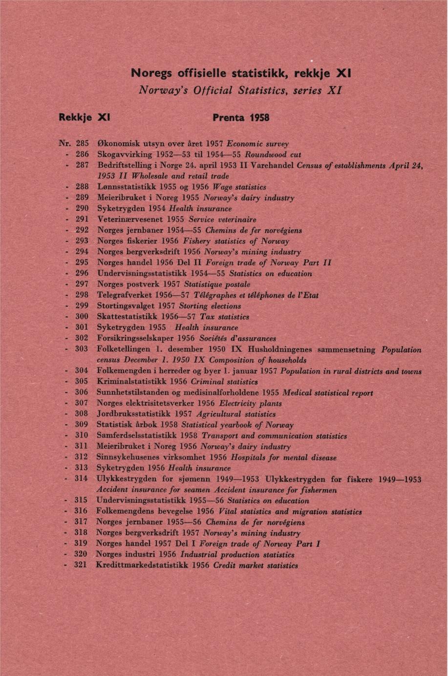 Noregs offisielle statistikk, rekkje XI Norway's Official Statistics, series XI Rekkje XI Prenta 958 Nr.