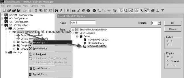 6 Driftsegenskaper på EtherCAT Styring av omformer MOVDRVE MDX61B 6.1.1 Styreeksempel i TwinCAT med MOVDRVE MDX61B Når filen SEW_DFE24B.