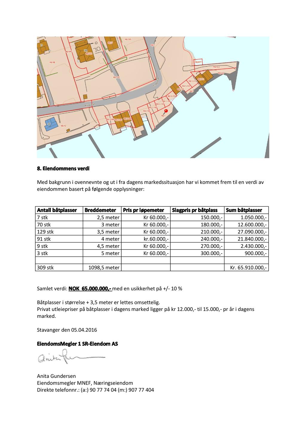 8. Eiendommens verdi Med bakgrunn i ovennevnte og ut i fra dagens markedssituasjon har vi kommet frem til en verdi av eiendommen basert på følgende opplysninger: Antall båtplasser Breddem eter Pris