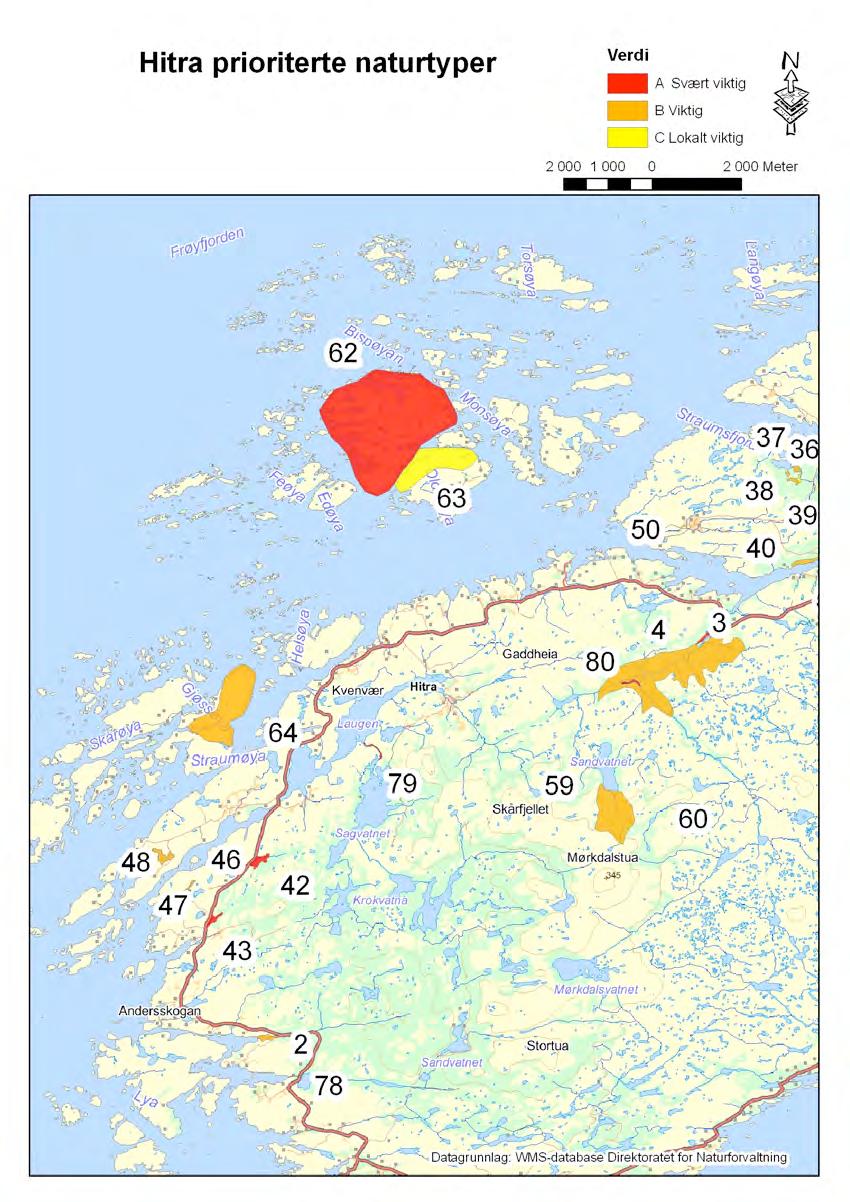 Figur 0.1. Oversikt over registrerte prioriterte naturtyper i vestre deler av i Hitra kommune.