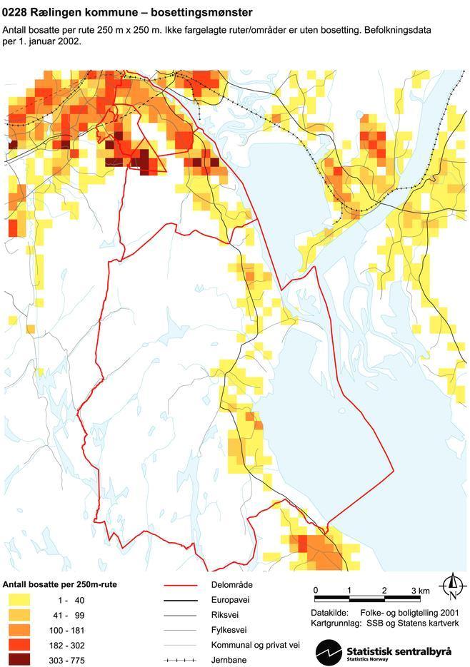 Figur 5: Kartet viser en oversikt over bosettingen Rælingen (Statistisk Sentralbyrå 2001b) Av kartet over ser vi at flesteparten av innbyggerne i Rælingen kommune bor i nord på tettstedene Rud,