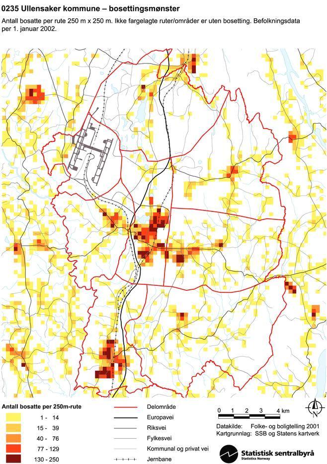 Figur 7 Kartet viser en oversikt over bosettingen i Ullensaker kommune (Statistisk Sentralbyrå 2001a) Av kartet over ser vi at det i Ullensaker kommune er flere tettsteder, men fire større: Jessheim,