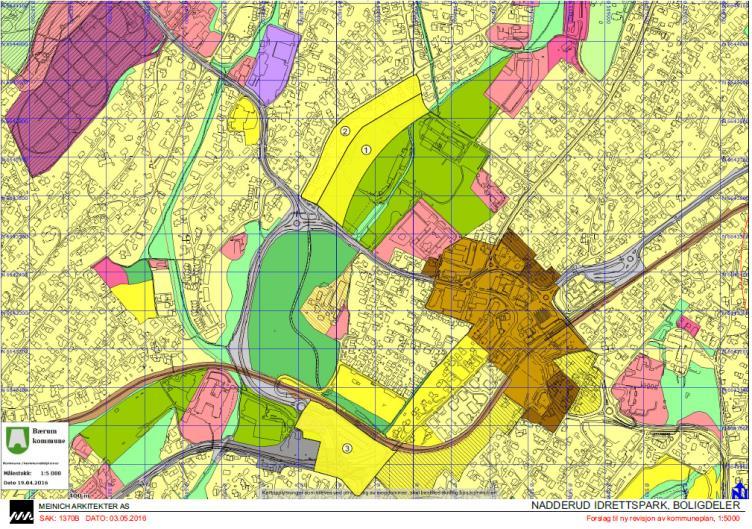 Område 1: I forbindelse med den foreslåtte utbyggingen av Nadderud idrettspark innebærer ett av alternativene at den nordvestre delen av arealet som i dag er regulert til idrett kan omreguleres til