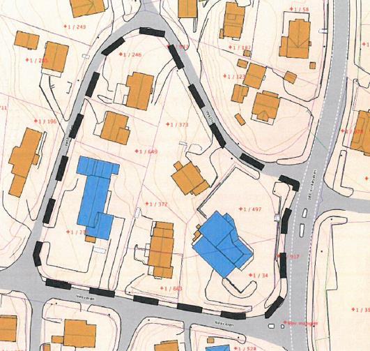 Figur 126 - Oversiktsbilde Figur 127 - Grunnkart Beliggenhet og dagens bruk Området er avgrenset av Kirkeveien, Nesveien og Vestliveien, og består av småhusbebyggelse.
