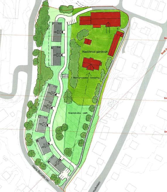 I det fallende terrenget mot vest langs Hans Burums vei foreslås det å åpne for en sammenhengende sone til boligbebyggelse i 4-5 etasjer, i alt ca. 80 leiligheter.