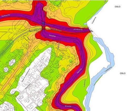 Figur 50 - Kulturmiljø (lilla) Figur 51 - Støysituasjon Når det gjelder støysituasjonen er kantsonen mot øst avsatt som rød støysone.